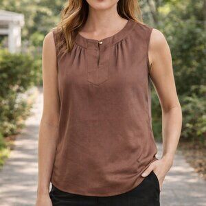 Liz Claiborne Career Petite Sleeveless Blouse Brown Keyhole PXL Polyester Top